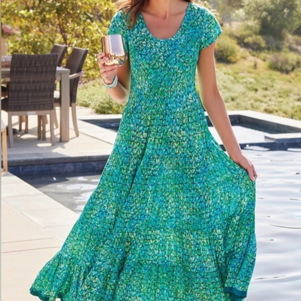 Soft Surroundings Mariana Tiered Maxi Dress Geometric Batik Elastic Waist 1X